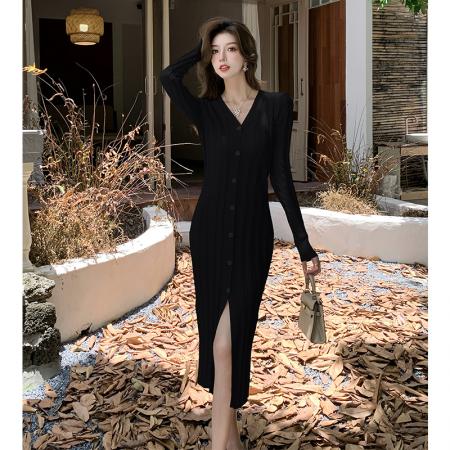 FA54191# V领麻花毛线长袖内搭连衣裙女秋冬新温柔风御姐收腰开叉长裙 服裝批發女裝批發服飾貨源