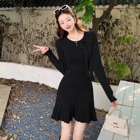 FA54194# 超好看连衣裙女冬款新款针织黑色气质内搭设计感百褶裙子 服裝批發女裝批發服飾貨源