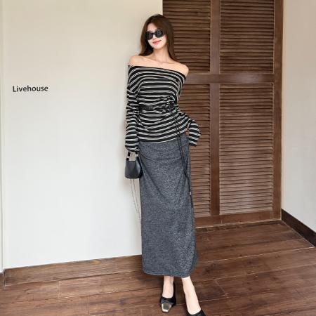 FA54195# 法式一字肩收腰系带长袖条纹T恤女秋高腰垂感开叉半身裙套装 服裝批發女裝批發服飾貨源