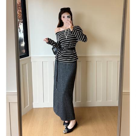 FA54195# 法式一字肩收腰系带长袖条纹T恤女秋高腰垂感开叉半身裙套装 服裝批發女裝批發服飾貨源