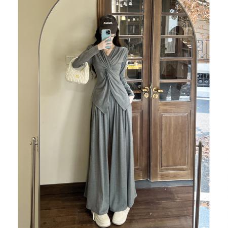 FA54196# 韩版时尚纽结修身V领长袖上衣女秋季高腰宽松拖地裤套装 服裝批發女裝批發服飾貨源