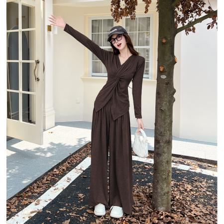 FA54196# 韩版时尚纽结修身V领长袖上衣女秋季高腰宽松拖地裤套装 服裝批發女裝批發服飾貨源