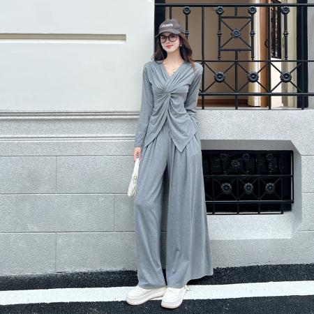 FA54196# 韩版时尚纽结修身V领长袖上衣女秋季高腰宽松拖地裤套装 服裝批發女裝批發服飾貨源