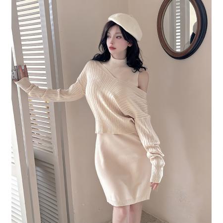 FA54198# 气质减龄针织连衣裙套装女秋季新慵懒风宽松毛衣裙炸街两件套 服裝批發女裝批發服飾貨源