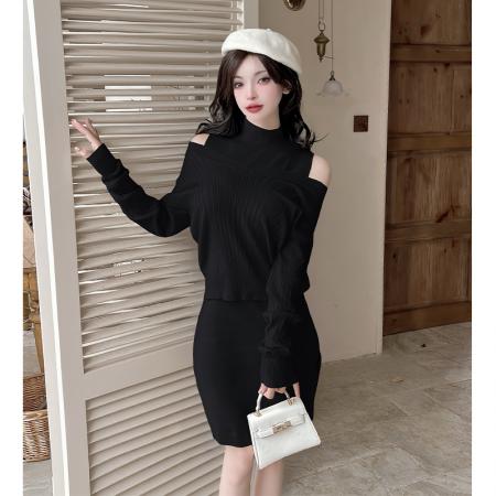 FA54198# 气质减龄针织连衣裙套装女秋季新慵懒风宽松毛衣裙炸街两件套 服裝批發女裝批發服飾貨源