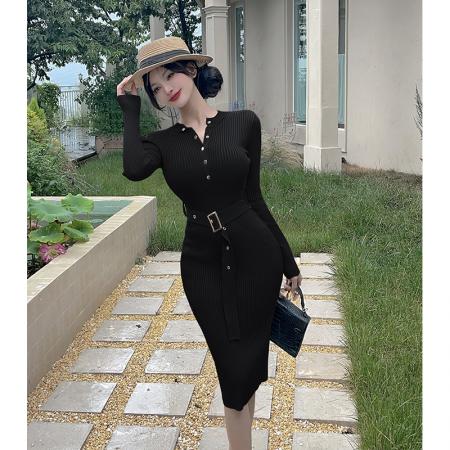 FA54199# 韩国东大门chic气质圆领针织连衣裙秋季新款修身显瘦包臀裙女 服裝批發女裝批發服飾貨源