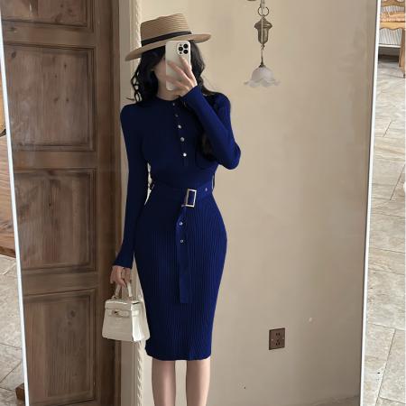 FA54199# 韩国东大门chic气质圆领针织连衣裙秋季新款修身显瘦包臀裙女 服裝批發女裝批發服飾貨源