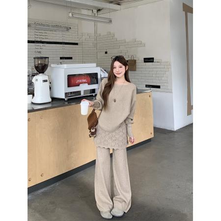 FA54200# 甜美温柔风气质莫阿姨针织+假两件屁帘休闲裤两件套装 服裝批發女裝批發服飾貨源