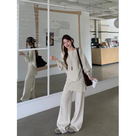 FA54200# 甜美温柔风气质莫阿姨针织+假两件屁帘休闲裤两件套装 服裝批發女裝批發服飾貨源