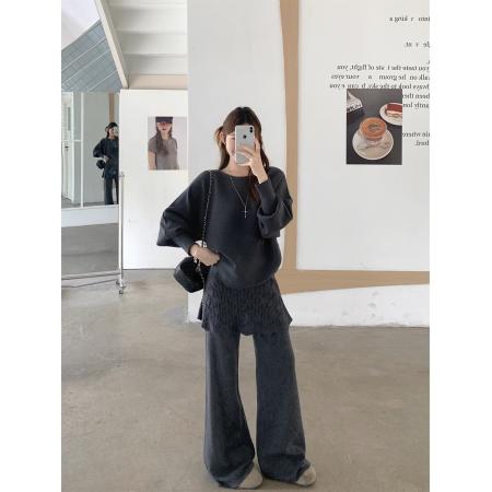 FA54200# 甜美温柔风气质莫阿姨针织+假两件屁帘休闲裤两件套装 服裝批發女裝批發服飾貨源