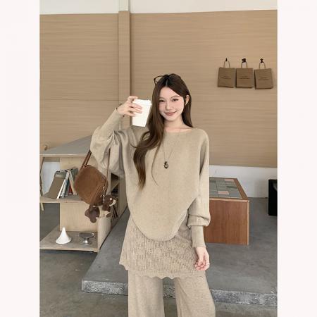 FA54200# 甜美温柔风气质莫阿姨针织+假两件屁帘休闲裤两件套装 服裝批發女裝批發服飾貨源