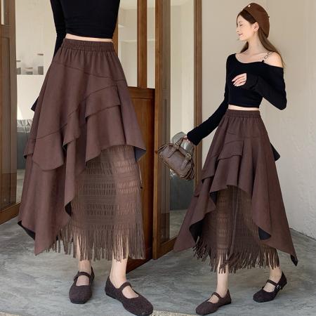 FA54201# 复古麂皮绒蕾丝拼接半身裙女秋冬不规则荷叶边高腰百搭A字蓬蓬裙 服裝批發女裝批發服飾貨源