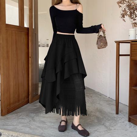 FA54201# 复古麂皮绒蕾丝拼接半身裙女秋冬不规则荷叶边高腰百搭A字蓬蓬裙 服裝批發女裝批發服飾貨源