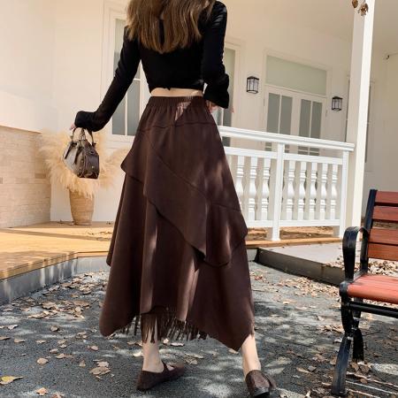 FA54201# 复古麂皮绒蕾丝拼接半身裙女秋冬不规则荷叶边高腰百搭A字蓬蓬裙 服裝批發女裝批發服飾貨源