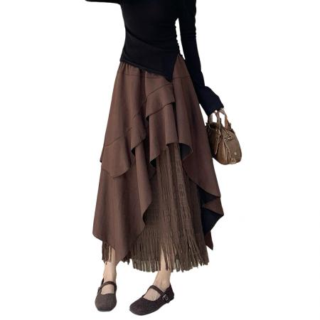 FA54201# 复古麂皮绒蕾丝拼接半身裙女秋冬不规则荷叶边高腰百搭A字蓬蓬裙 服裝批發女裝批發服飾貨源