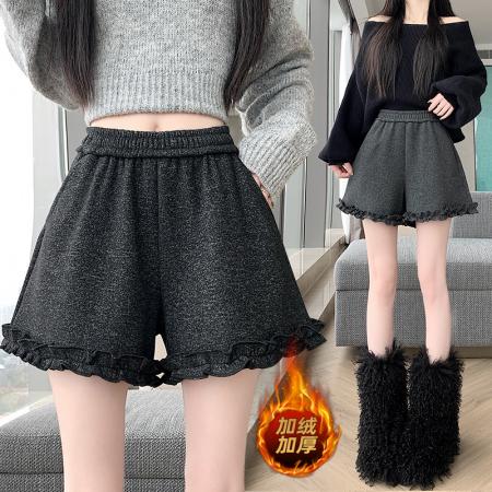 FA54202# 日韩系木耳花边糯米针织羊绒加绒短裤女秋冬外穿百搭阔腿a字靴裤 服裝批發女裝批發服飾貨源