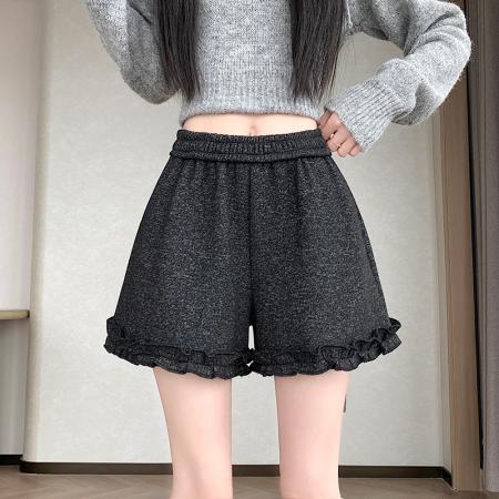 FA54202# 日韩系木耳花边糯米针织羊绒加绒短裤女秋冬外穿百搭阔腿a字靴裤 服裝批發女裝批發服飾貨源