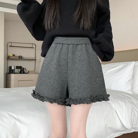 FA54202# 日韩系木耳花边糯米针织羊绒加绒短裤女秋冬外穿百搭阔腿a字靴裤 服裝批發女裝批發服飾貨源