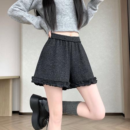FA54202# 日韩系木耳花边糯米针织羊绒加绒短裤女秋冬外穿百搭阔腿a字靴裤 服裝批發女裝批發服飾貨源