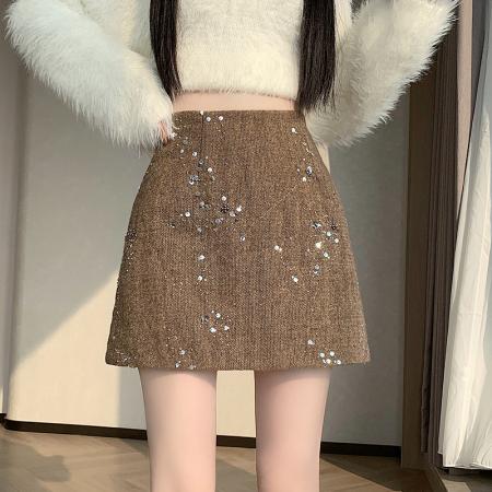 FA54203# 浅棕色重工亮片短裙女秋冬新款时尚气质高腰显瘦A字包臀裙 服裝批發女裝批發服飾貨源