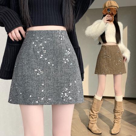 FA54203# 浅棕色重工亮片短裙女秋冬新款时尚气质高腰显瘦A字包臀裙 服裝批發女裝批發服飾貨源