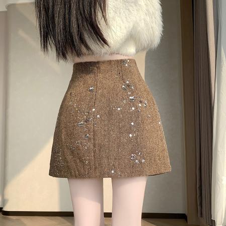 FA54203# 浅棕色重工亮片短裙女秋冬新款时尚气质高腰显瘦A字包臀裙 服裝批發女裝批發服飾貨源