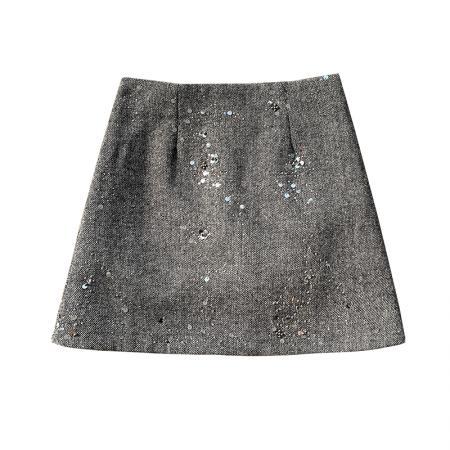 FA54203# 浅棕色重工亮片短裙女秋冬新款时尚气质高腰显瘦A字包臀裙 服裝批發女裝批發服飾貨源