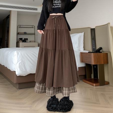 FA54204# 日系有口袋灯芯绒半身裙女秋冬双层设计感小众拼接格纹蛋糕长裙 服裝批發女裝批發服飾貨源