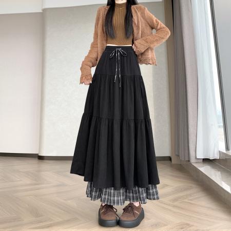 FA54204# 日系有口袋灯芯绒半身裙女秋冬双层设计感小众拼接格纹蛋糕长裙 服裝批發女裝批發服飾貨源