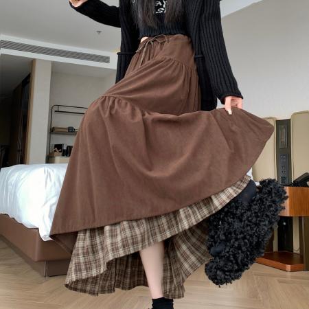 FA54204# 日系有口袋灯芯绒半身裙女秋冬双层设计感小众拼接格纹蛋糕长裙 服裝批發女裝批發服飾貨源