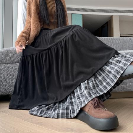 FA54204# 日系有口袋灯芯绒半身裙女秋冬双层设计感小众拼接格纹蛋糕长裙 服裝批發女裝批發服飾貨源