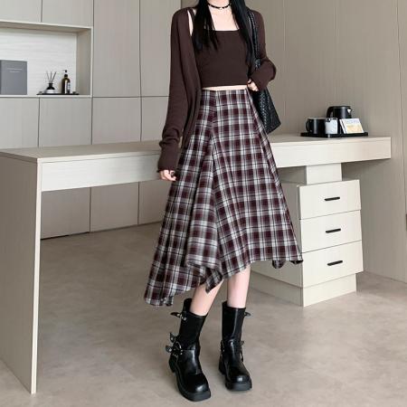 FA54205# 秋冬季新款气质姐姐不规则设计感小众格子半身裙 服裝批發女裝批發服飾貨源