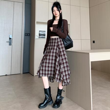FA54205# 秋冬季新款气质姐姐不规则设计感小众格子半身裙 服裝批發女裝批發服飾貨源