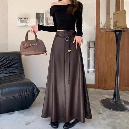 FA54206# 美拉德咖色PU皮半身裙女秋冬高腰显瘦遮跨百褶裙垂感A字大摆伞裙 服裝批發女裝批發服飾貨源