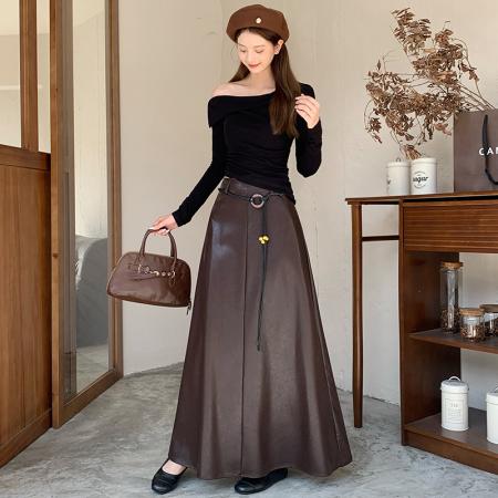 FA54206# 美拉德咖色PU皮半身裙女秋冬高腰显瘦遮跨百褶裙垂感A字大摆伞裙 服裝批發女裝批發服飾貨源