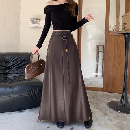 FA54206# 美拉德咖色PU皮半身裙女秋冬高腰显瘦遮跨百褶裙垂感A字大摆伞裙 服裝批發女裝批發服飾貨源