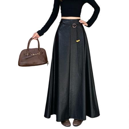 FA54206# 美拉德咖色PU皮半身裙女秋冬高腰显瘦遮跨百褶裙垂感A字大摆伞裙 服裝批發女裝批發服飾貨源