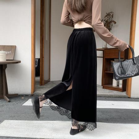 FA54207# 蕾丝拼接丝绒半身裙女新款秋冬松紧腰显瘦气质包臀A字长裙女 服裝批發女裝批發服飾貨源