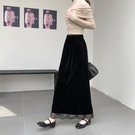 FA54207# 蕾丝拼接丝绒半身裙女新款秋冬松紧腰显瘦气质包臀A字长裙女 服裝批發女裝批發服飾貨源