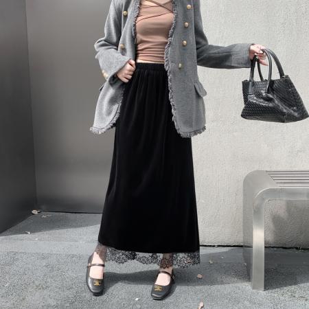 FA54207# 蕾丝拼接丝绒半身裙女新款秋冬松紧腰显瘦气质包臀A字长裙女 服裝批發女裝批發服飾貨源