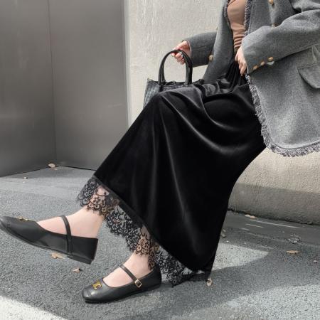 FA54207# 蕾丝拼接丝绒半身裙女新款秋冬松紧腰显瘦气质包臀A字长裙女 服裝批發女裝批發服飾貨源