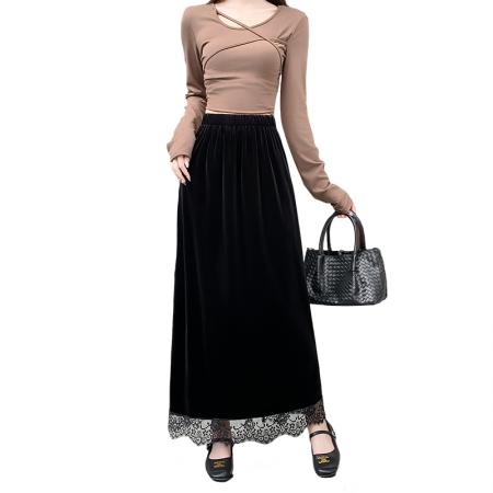 FA54207# 蕾丝拼接丝绒半身裙女新款秋冬松紧腰显瘦气质包臀A字长裙女 服裝批發女裝批發服飾貨源