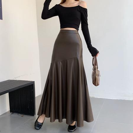 FA54208# 美式复古PU皮拼接半身裙秋冬新款A字高腰显瘦纯色长裙女 服裝批發女裝批發服飾貨源