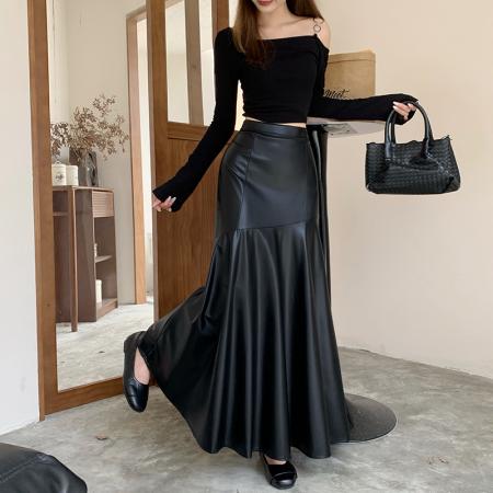 FA54208# 美式复古PU皮拼接半身裙秋冬新款A字高腰显瘦纯色长裙女 服裝批發女裝批發服飾貨源