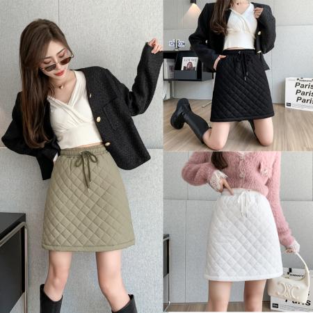 FA54209# 秋冬格纹压线夹棉包臀短款半身裙纯色百搭显瘦松紧腰系带短裙 服裝批發女裝批發服飾貨源