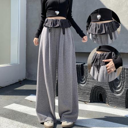 FA54210# 小众秋冬卫裤花边格子拼接工装休闲裤宽松显瘦百搭洋气阔腿裤 服裝批發女裝批發服飾貨源