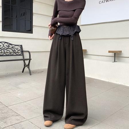 FA54210# 小众秋冬卫裤花边格子拼接工装休闲裤宽松显瘦百搭洋气阔腿裤 服裝批發女裝批發服飾貨源