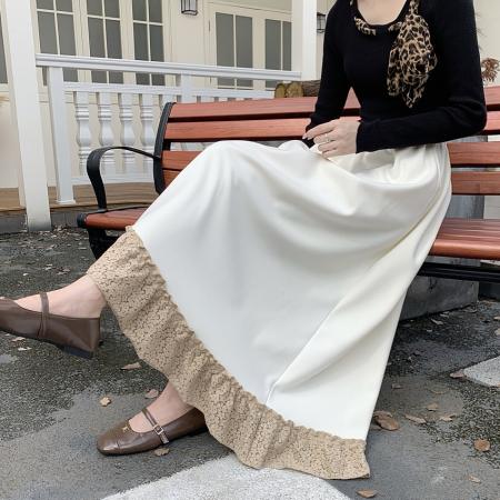 FA54211# 法式松紧腰蕾丝花边拼接中长款半身裙秋冬新款宽松休闲大摆裙 服裝批發女裝批發服飾貨源