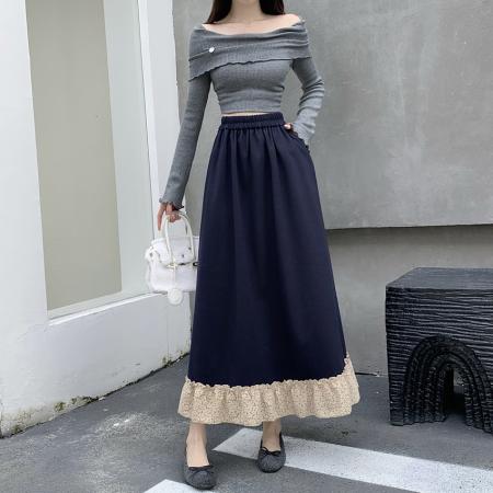 FA54211# 法式松紧腰蕾丝花边拼接中长款半身裙秋冬新款宽松休闲大摆裙 服裝批發女裝批發服飾貨源