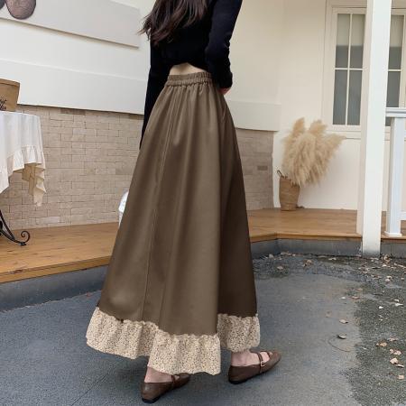 FA54211# 法式松紧腰蕾丝花边拼接中长款半身裙秋冬新款宽松休闲大摆裙 服裝批發女裝批發服飾貨源